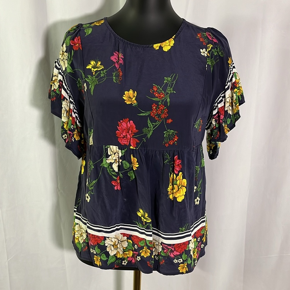 Joie Navy Colorful Floral Print Peplum Hem Silk Ruffle Sleeve Blouse
